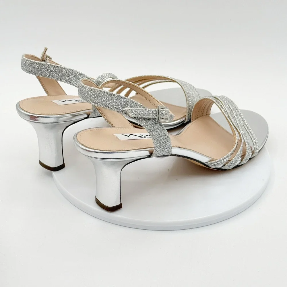 Nina Nelena Silver Glitter Size 9 Womens Strappy Kitten Heel Sandal NEW no box